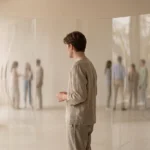 Młody chłopak stoi przed szklaną ścianą która symbolizuje jego lęk przed interakcją z grupą ludzi w tle