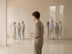 Młody chłopak stoi przed szklaną ścianą która symbolizuje jego lęk przed interakcją z grupą ludzi w tle